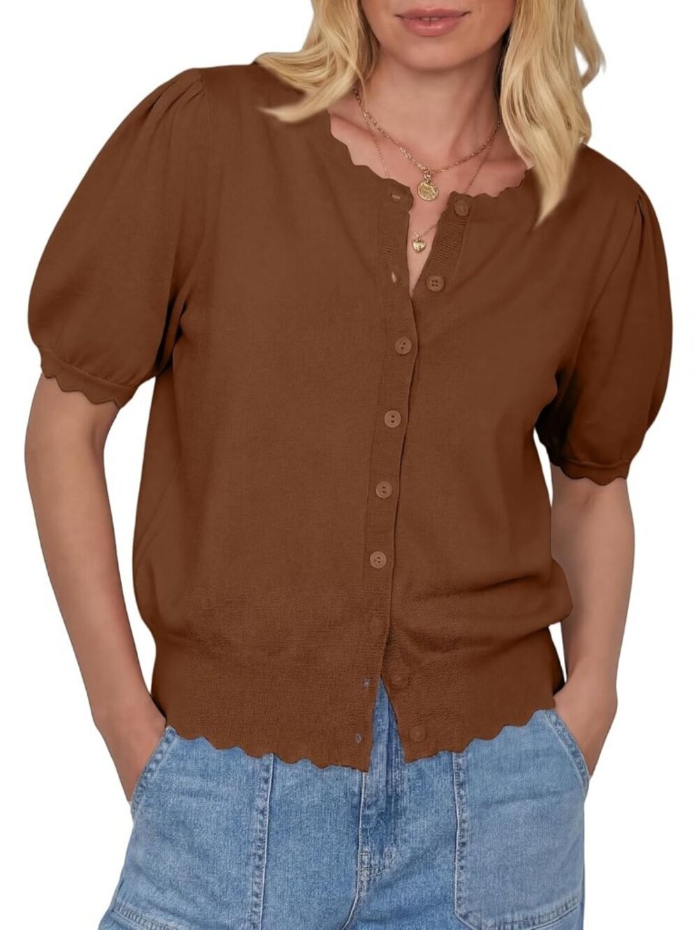 Women's Deep Coffee Short Sleeve Crew Neck Button Up Imported Sweaters Cardigan